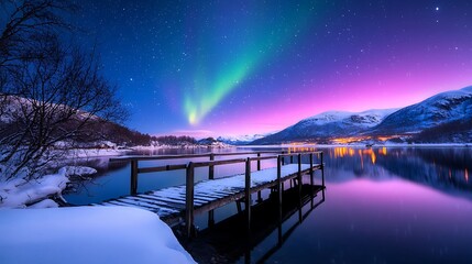 Magical Winter Night Aurora Borealis Over a Tranquil Lake