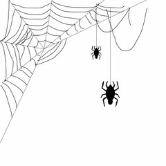 This is a pixel design illustrating a pair of black cartoon spiders hanging from their web, depicting a playful and slightly eerie scene of nature’s fascinating arachnids.