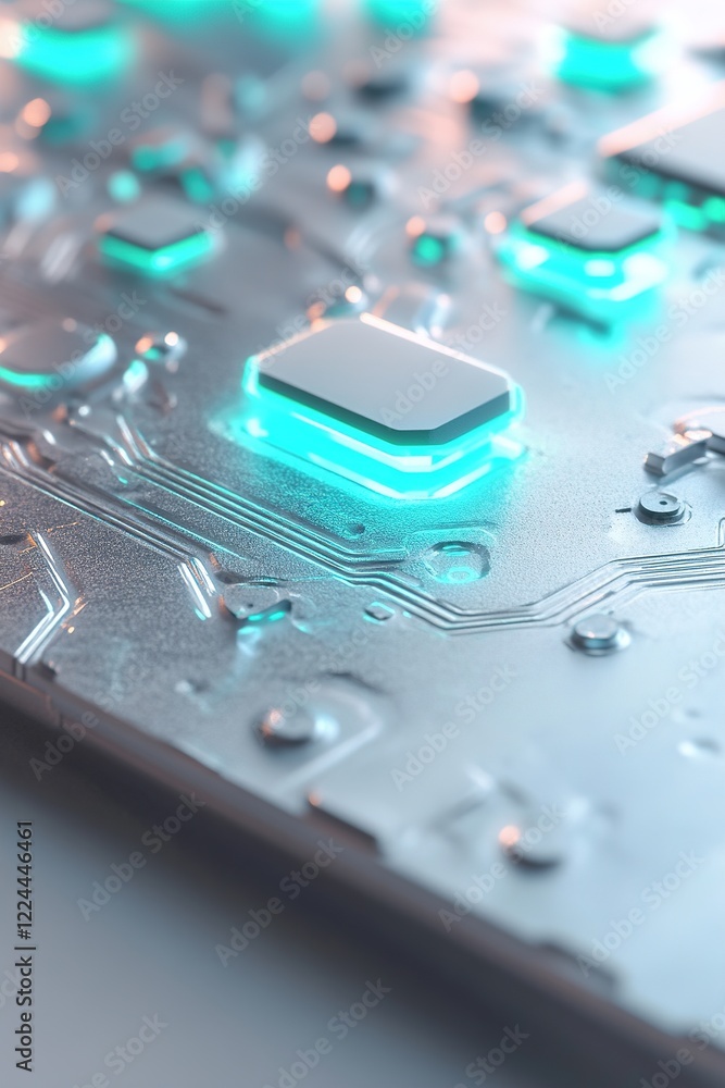 Aufkleber a captivating microchip features detailed circuit patterns glowing in neon blue and green tones, pla