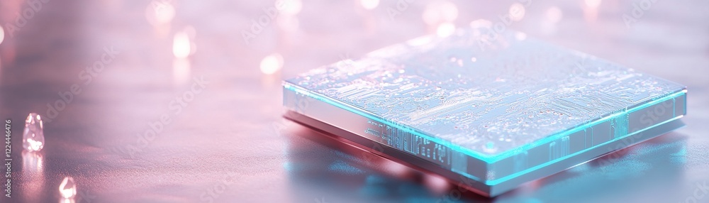 Poster glowing microchip features detailed circuit patterns in neon blue and green tones on a sleek metalli