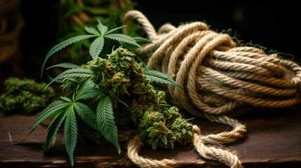Closeup of a rustic coil of hemp rope placed next to lush green cannabis leaves showcasing a natural organic and homegrown wellness concept for herbal medicine and alternative lifestyle