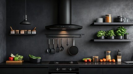 Dark kitchen interior, modern range hood, cooking utensils, shelves, food prep