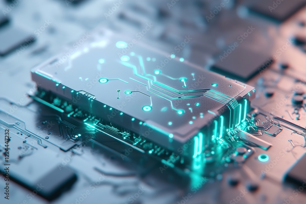 Poster a glowing microchip is showcased on a metallic surface featuring detailed circuit patterns in neon b