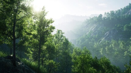 Sunlit mountain forest valley, misty background, idyllic nature scene, travel poster