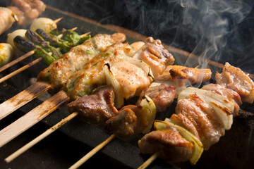 炭火で焼き上げる焼鳥｜Yakitori grilled pork and chicken skewers on charcoal grill
