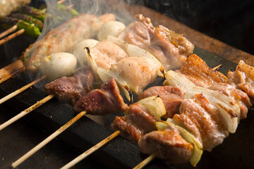 炭火で焼き上げる焼鳥｜Yakitori grilled pork and chicken skewers on charcoal grill	