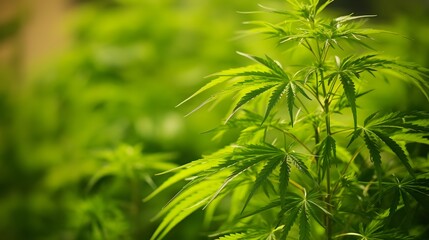 Lush vibrant green hemp plant with delicate leaves set against a soft focus blurred background in a classic 16 9 aspect This image evokes a natural organic and calming aesthetic perfect for wellness