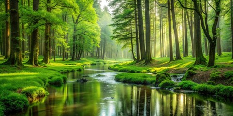 Fototapeta premium lush green forest landscape with tall trees and winding streams, natural world, landscape, foliage, trees