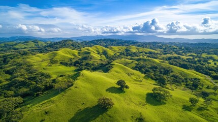 Obraz premium Aerial view of lush green rolling hills, sunny day, mountain backdrop, travel brochure