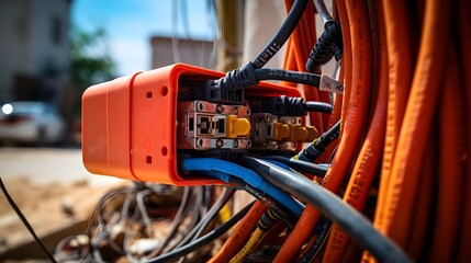 Power Cables Connected to Junction Box in Construction Site   Electrical infrastructure wiring and technology for industrial building development project