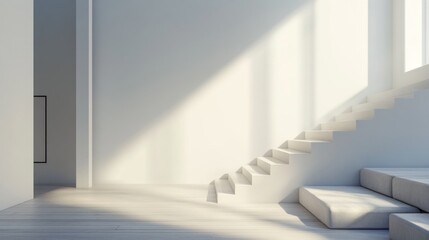 Minimalist interior with white walls, stairs, and a simple sofa bathed in sunlight