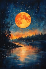 Magical Full Moon Rising Over Tranquil Lake Under Starlit Sky