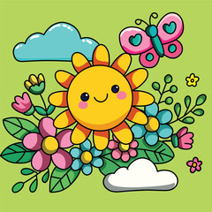 Cute cartoon sun with flowers and butterflies on a green background.