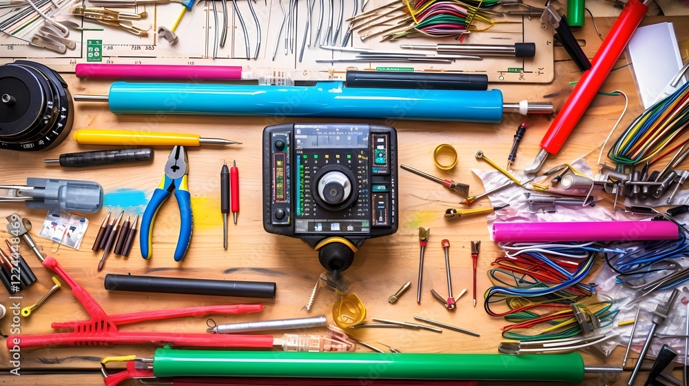 Poster flat lay composition of various electrical tools cables and wires neatly arranged on a wooden workbe