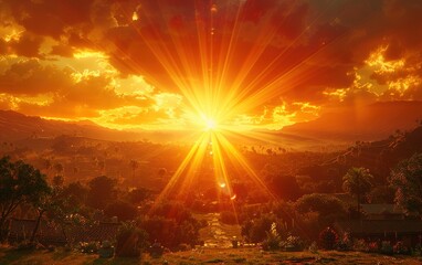 Radiant Sunset over Rolling Hills and Lush Greenery