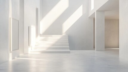 Obraz premium Minimalist interior design with white walls, stairs, and natural light creating a serene gallery space