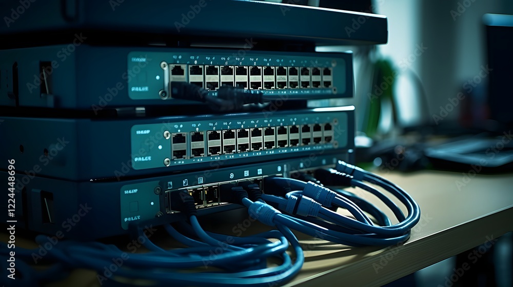 Poster ethernet cables neatly plugged into a state of the art router on a desk in a contemporary minimalist