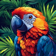 Obraz premium A vector illustration of a colorful parrot's face with vibrant red and blue feathers, against a tropical rainforest background.