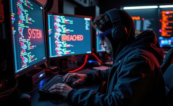 A people in a dimly lit control room stare at glowing monitors displaying a system breach alert, symbolizing cybersecurity threats and digital security risks.espionage