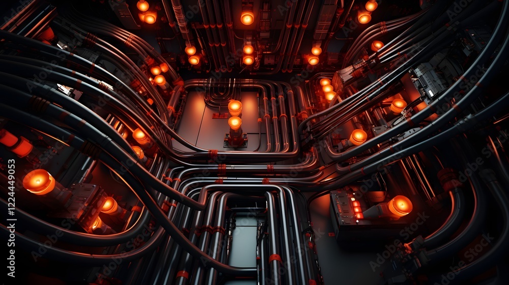 Aufkleber overhead view of an intricate interconnected conduit system transporting electrical cables and wirin