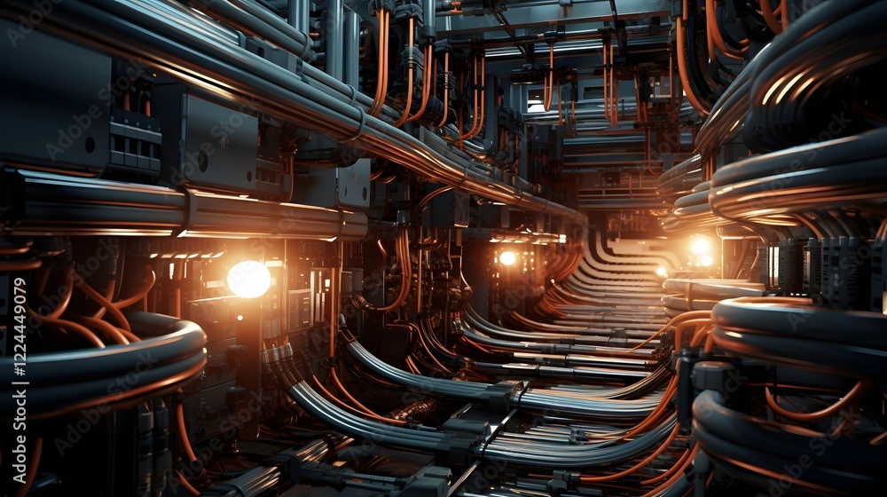 Poster top down view of a complex conduit system with an intricate arrangement of cables and wires running 
