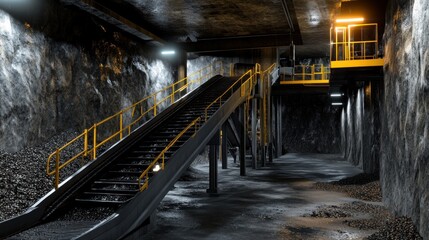 Obraz premium Underground mine conveyor transport system, industrial facility