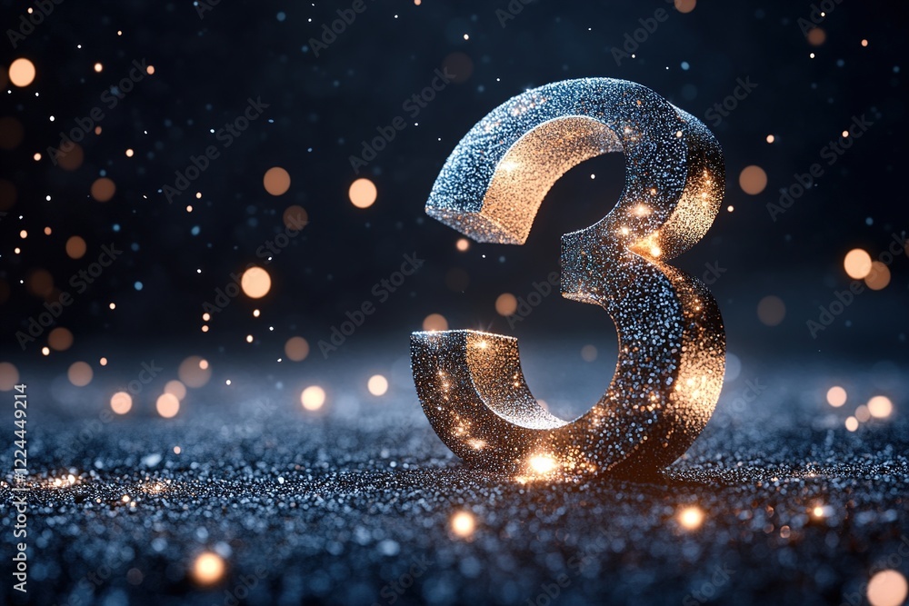Poster a radiant 3d number 3 illuminated with soft light is surrounded by floating stars and sparkles again