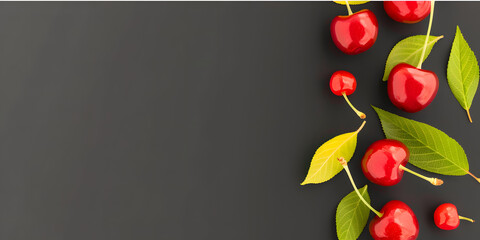 Elegant Juicy Dark Cherry. Fresh red cherries with green leaves on a dark background
