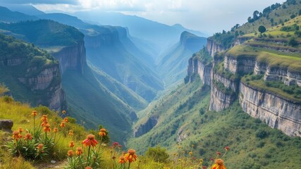 Laitlum Canyon landscape with Shillong hills and wildflowers, laitlum canyon, wildflowers, shillong hills