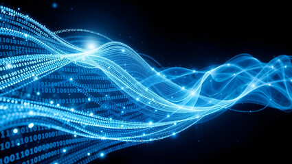 Blue light wave patterns on black background, illustrating technology and futuristic concepts. Generative AI