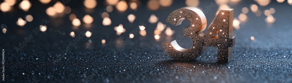 Aufkleber a sparkling 3d number 34 shines brightly amidst floating stars and soft light, creating a magical at