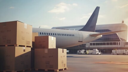 Airport cargo boxes awaiting air freight, jet background
