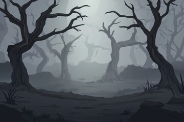 Naklejka premium A Foggy Forest Path With Bare Twisted Trees