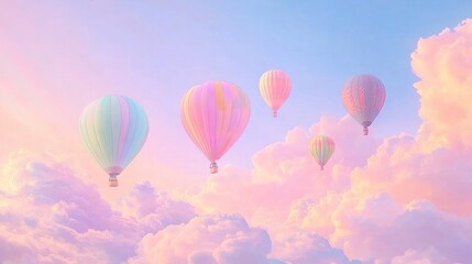 Fototapeta premium Pastel hot air balloons soar through sunrise cloudscape; idyllic travel
