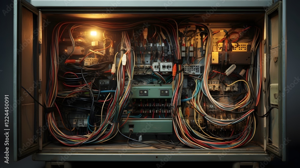 Poster detailed view of an exposed electrical wiring box showcasing the internal connections cables and com