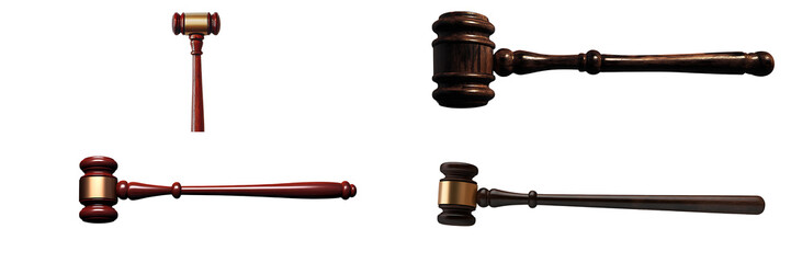 Set of a, A gavel is used in court, isolated on a transparent background.