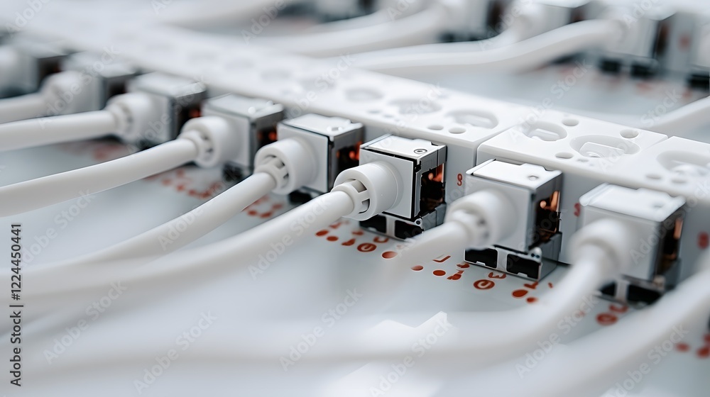 Aufkleber intertwined ethernet cables on a white desk workspace technology and communication concept with netw