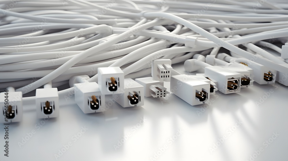 Aufkleber intricate web of ethernet cables intertwined on a clean white desk surface symbolizing the complex n