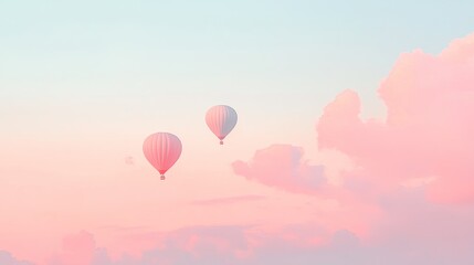 Obraz premium Pastel hot air balloons drift in pink sunset sky, travel, freedom
