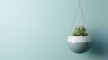Hanging succulent, minimalist pot, blue wall, home decor, website banner