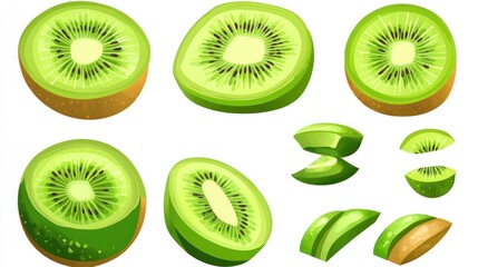 Fototapeta premium Sliced kiwi fruit variations, white background, food design, recipe illustration