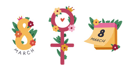 Lovely cartoon symbols of International Women Day with number eight, female gender symbol, calendar with holiday date in flowers and leaves. Cute hand drawn feminist and sisterhood clipart.