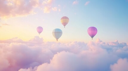 Obraz premium Colorful hot air balloons soar above pastel clouds at sunrise, idyllic travel scene