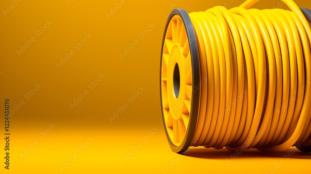 Poster a spool of bright yellow insulated electrical wires or cables neatly coiled in a clean minimalist st