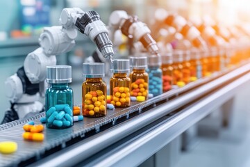 Automated production line for pharmaceutical products.