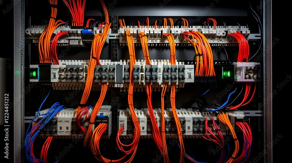 Aufkleber rows of labeled wires and electrical components in a modern electrical distribution panel showcasing