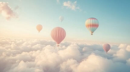 Obraz premium Colorful hot air balloons soar above a dreamy cloudscape at sunrise; travel poster