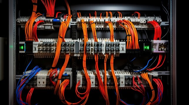 Rows of labeled wires and electrical components in a modern electrical distribution panel showcasing the organized and systematic design of power distribution systems