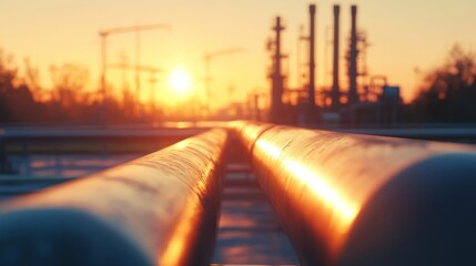 Fototapeta premium Sunset pipelines, refinery background, industrial energy transport