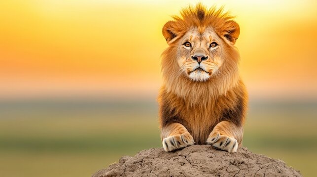 A majestic lion in the golden hour, standing proudly on a rocky outcrop with the savannah stretching out in the background. High Quality